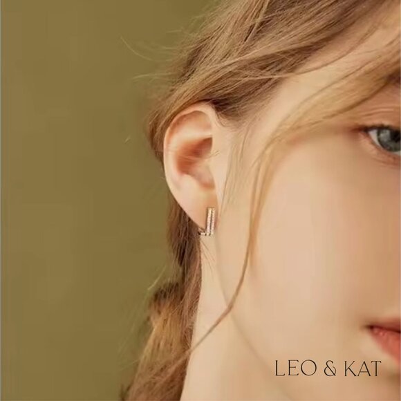 Gold Pave Square Huggie Earrings. 925 Sterling Silver. #1044 - Picture 3 of 3